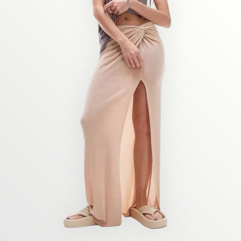 TOPSHOP Slinky Straight Maxi Skirt Beige Front Knot High Slit Stretch Women Sz 8